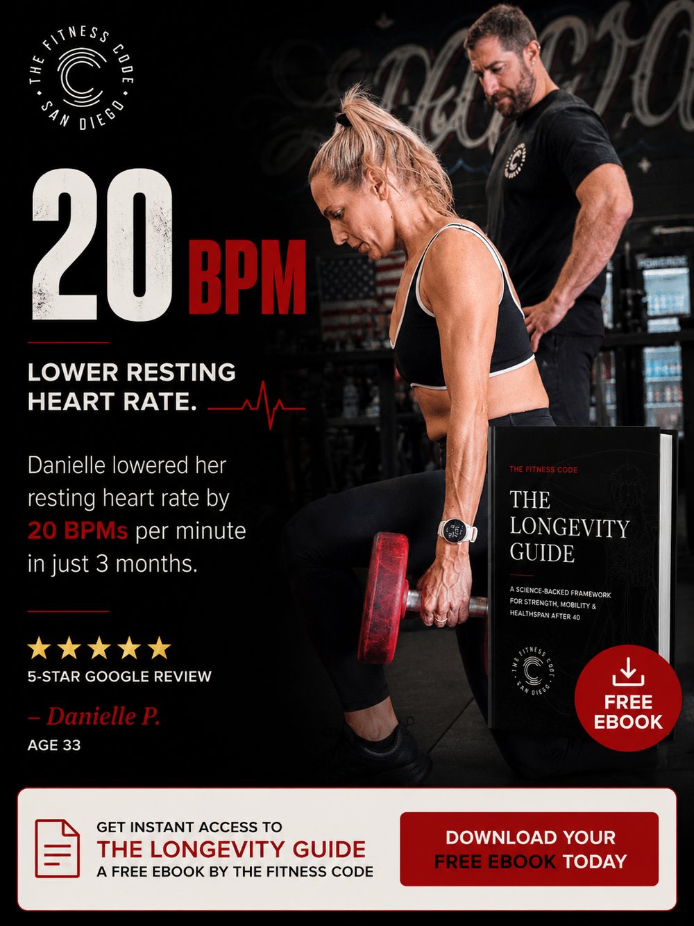 The Fitness Code campaign ad creative — Longevity Guide free ebook offer