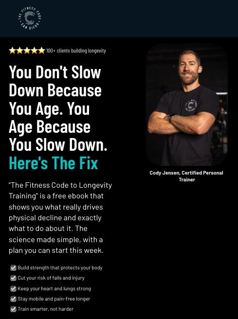 The Fitness Code landing page — headline, free ebook offer, benefits, and lead capture